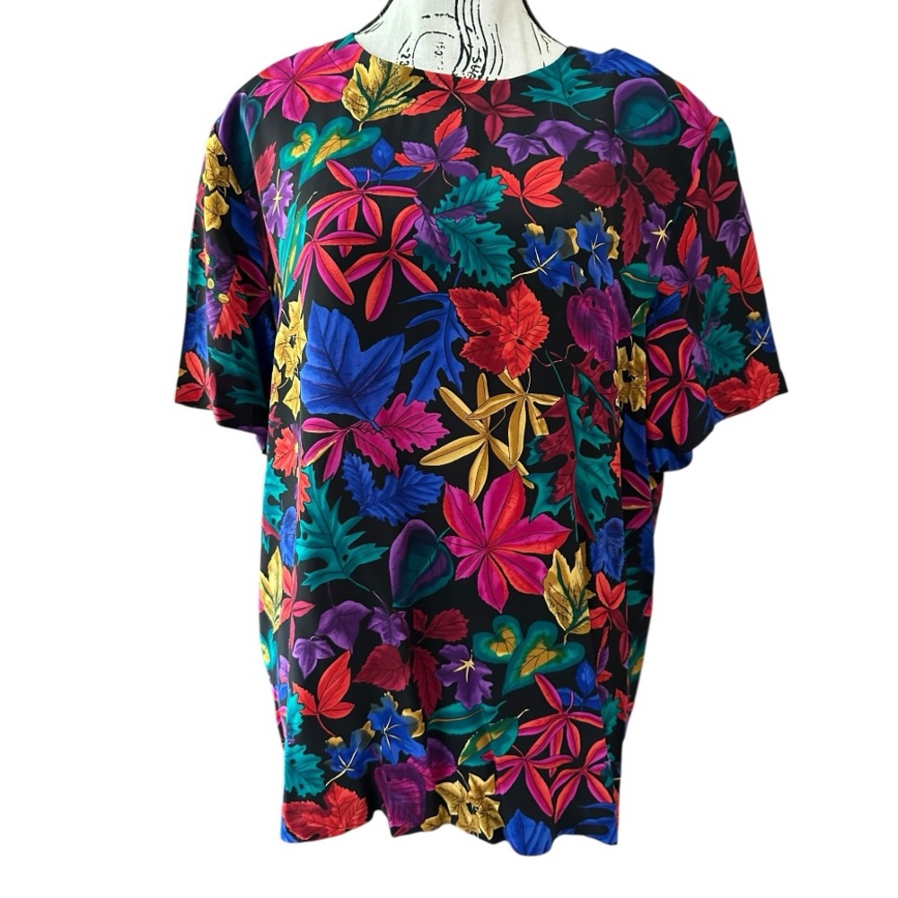 Silk Boutique Blouse Tropical Leaf Print Black Jewel Tone Size L Vibrant Spring